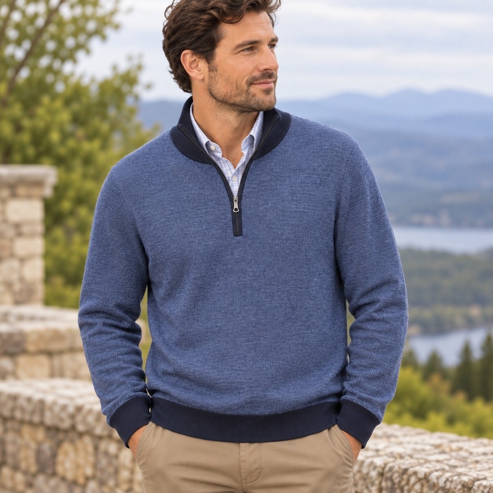 Brooks Brothers Quarter Zip Mens Large Blue Excellent Extra Fine Merino Sweater